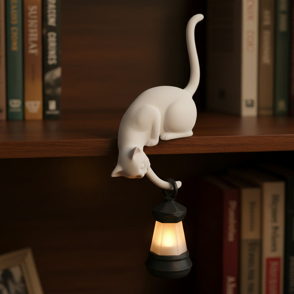 PawGlow white cat lantern night light, front view on a bookshelf